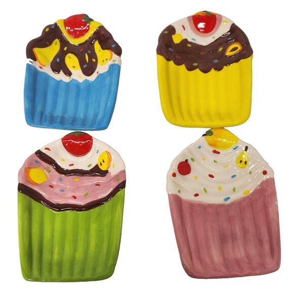 Cup Cake Plate Set Multicolor Ceramic Dessert Plates 4Pcs Fine Life Products NEW - Picture 1 of 7